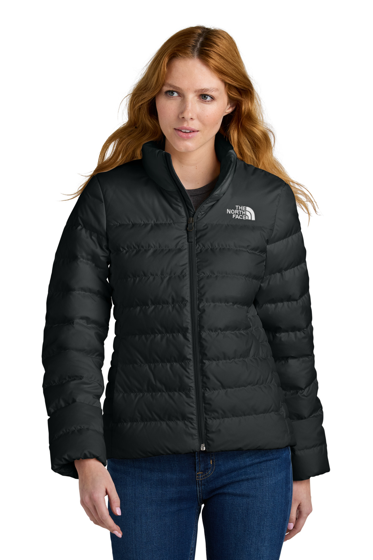 Women's Down Hybrid Jacket TNF Black front view for custom printing