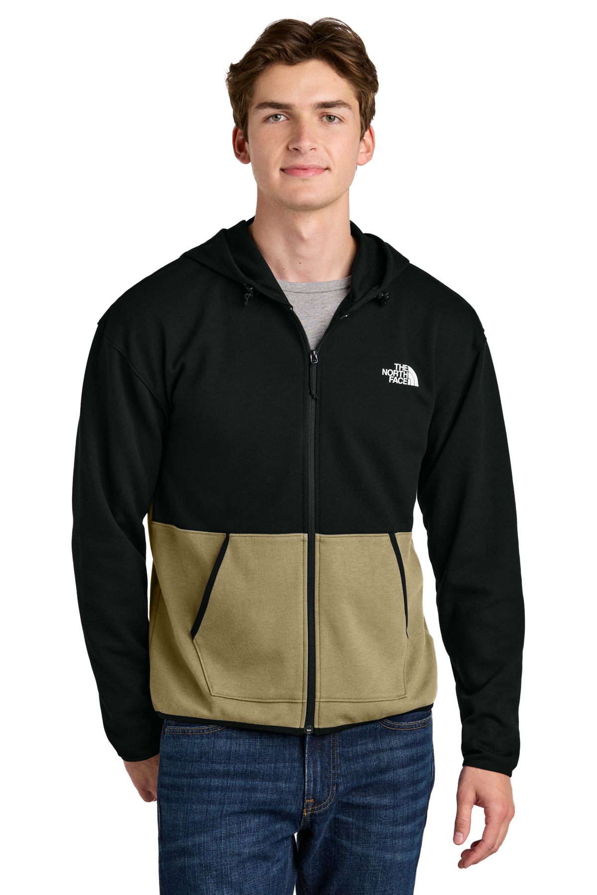 Double-Knit Full-Zip Hoodie Khaki Stone/ TNF Black front view for custom printing