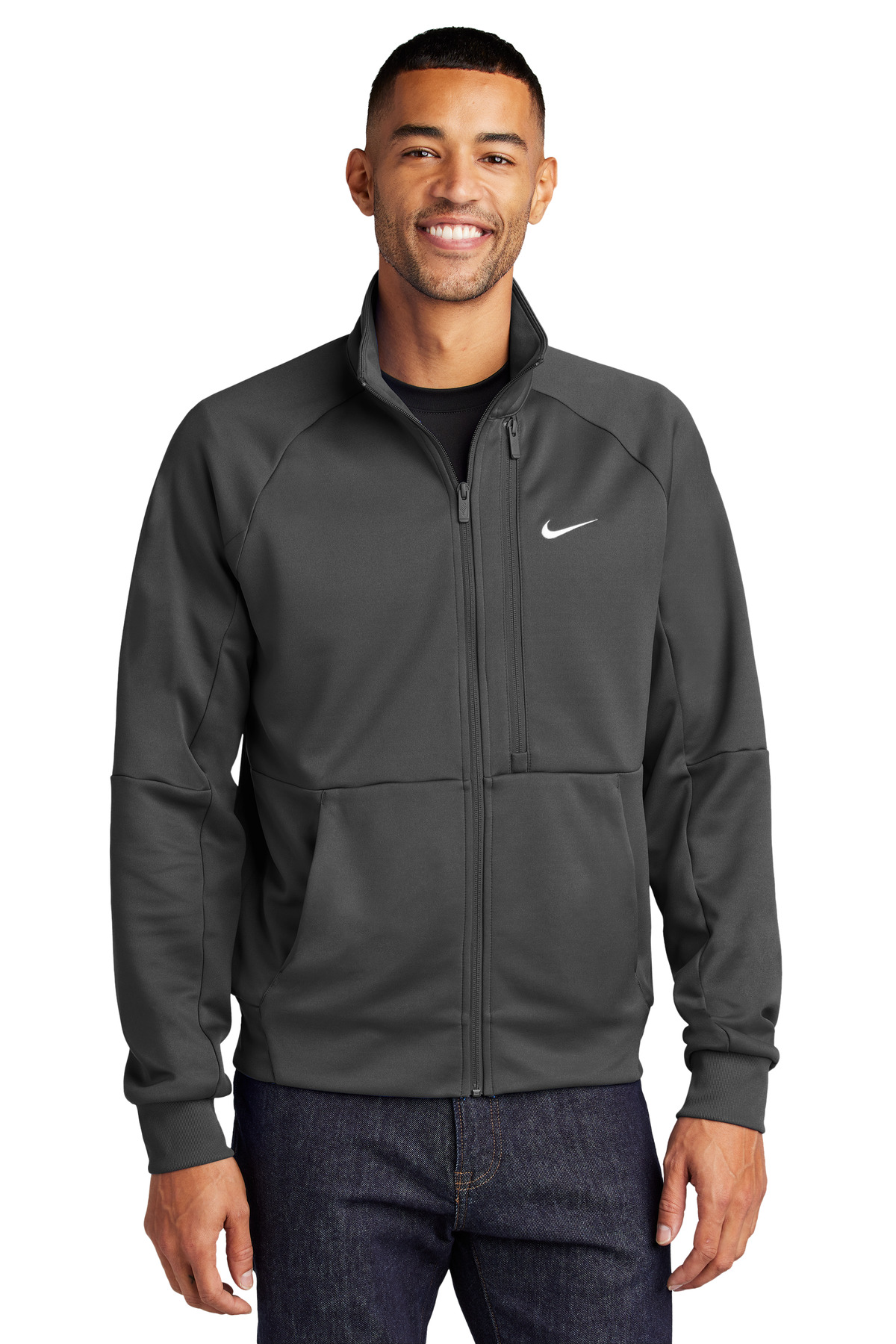 Full-Zip Chest Swoosh Jacket Anthracite front view for custom printing