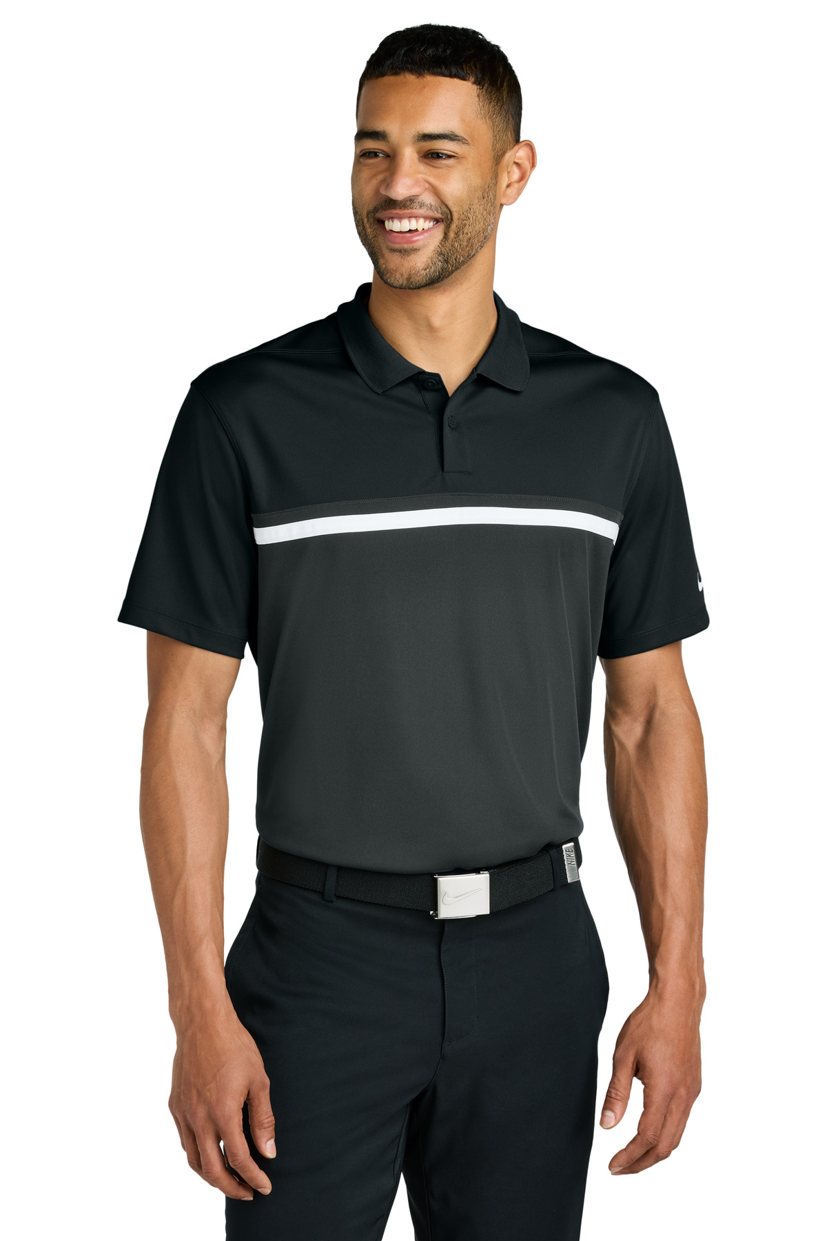 Dri-FIT Victory Colorblock Polo Black/ Anthracite/ White front view for custom printing