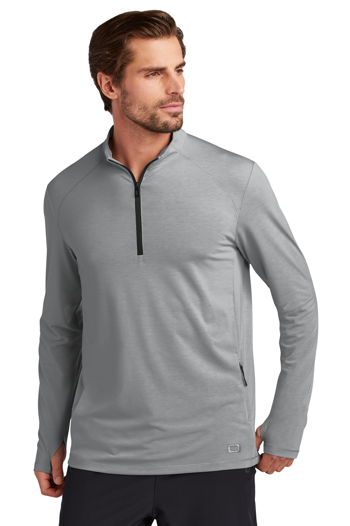 Motion 1/4-Zip Greystone front view for custom printing