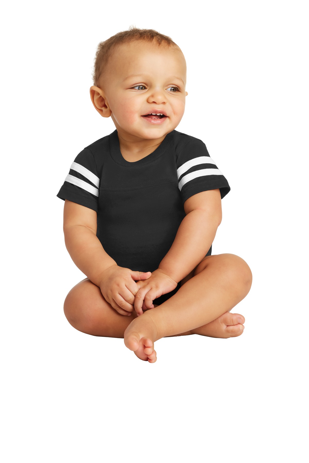 Infant Football Fine Jersey Bodysuit Black/ White front view for custom printing
