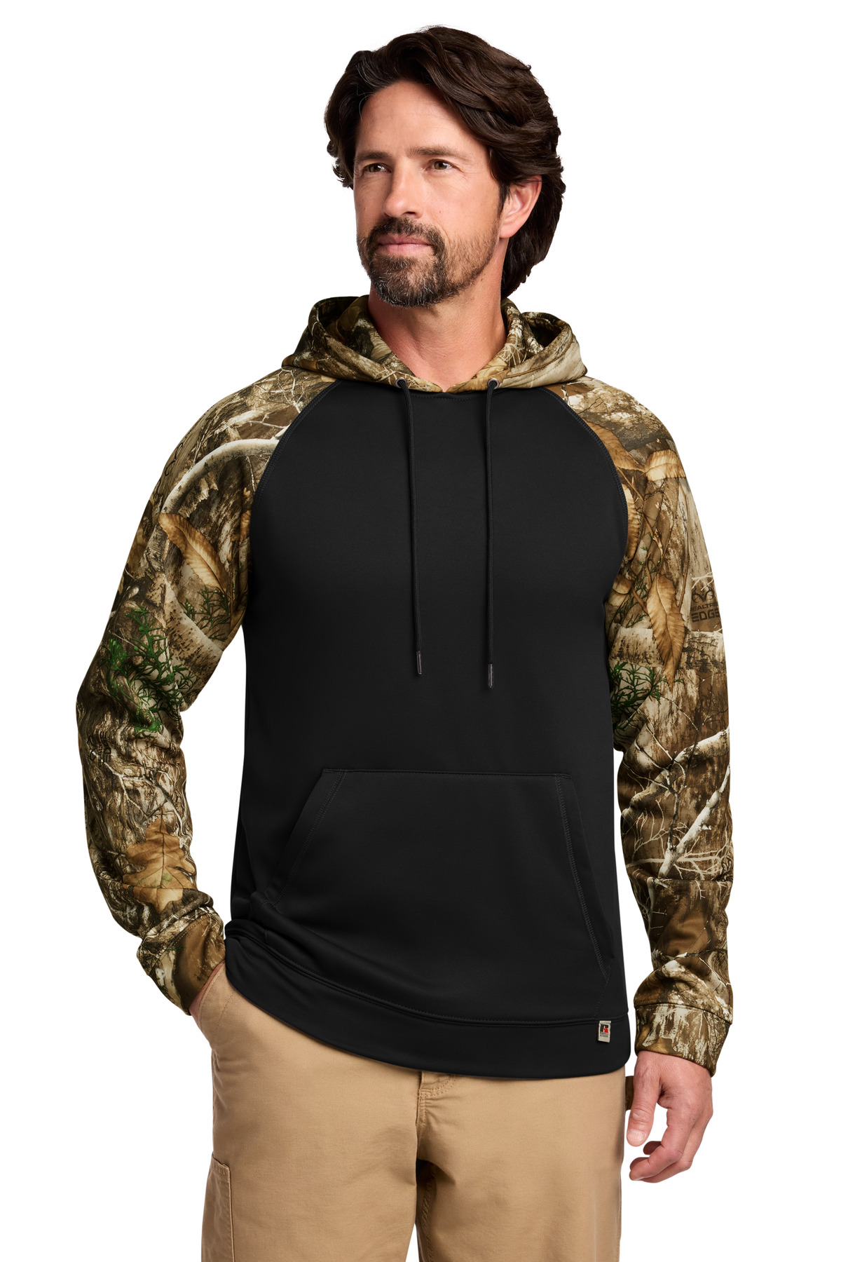 Realtree Performance Colorblock Pullover Hoodie Black/ Realtree Edge front view for custom printing
