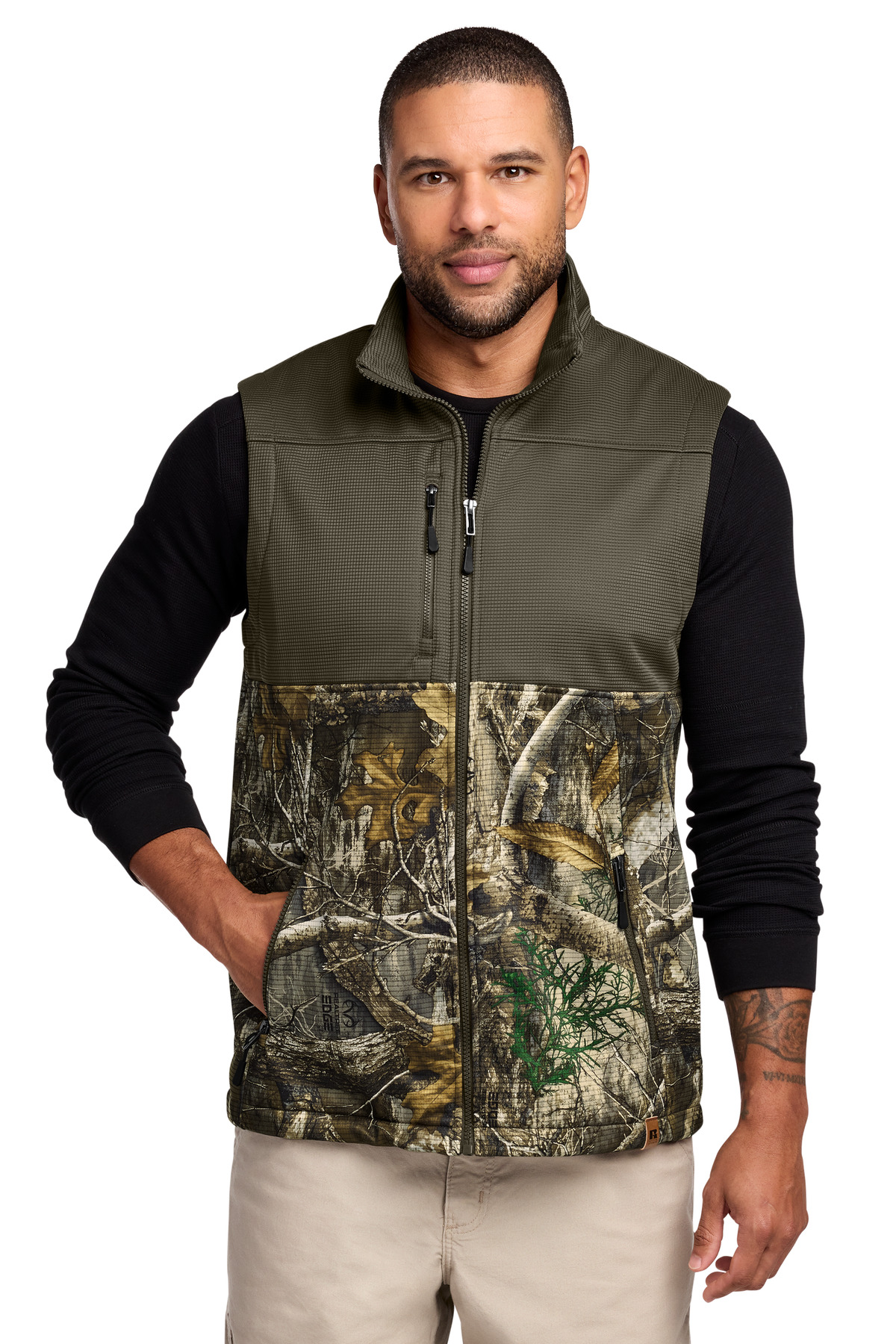 Realtree Atlas Colorblock Soft Shell Vest Cargo Brown/ Realtree Edge front view for custom printing