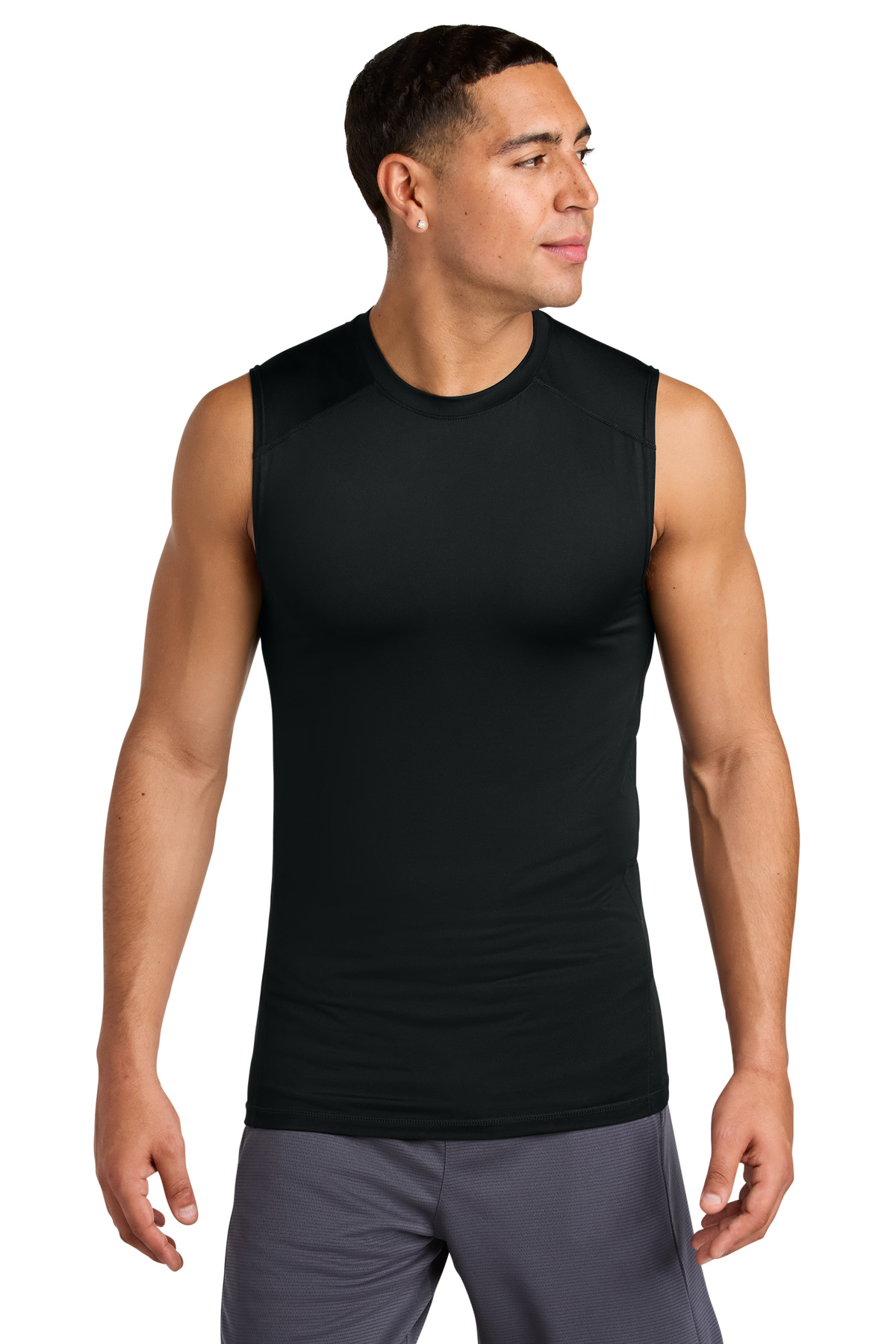 PosiCharge Compression Sleeveless Tee Black front view for custom printing