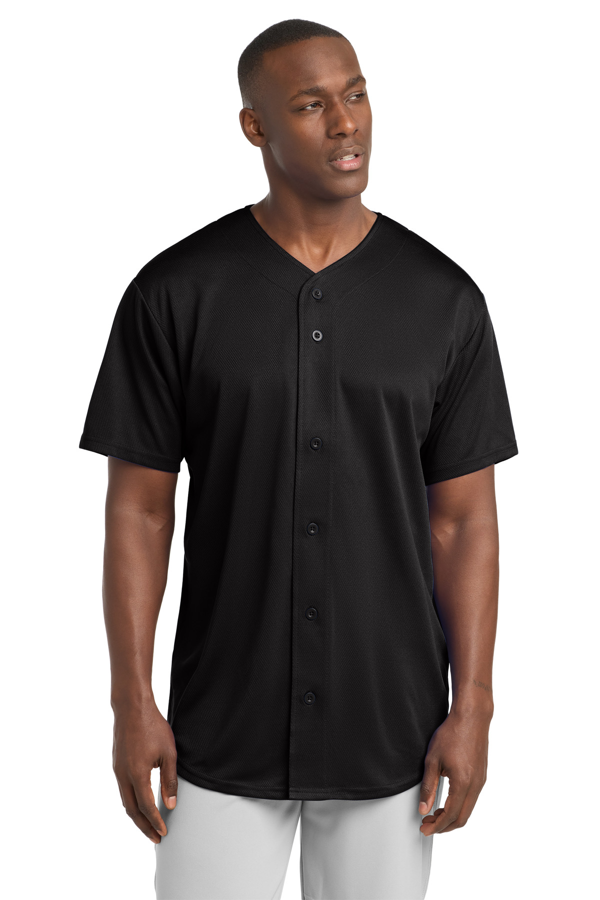 PosiCharge Tough Mesh Full-Button Jersey Black front view for custom printing