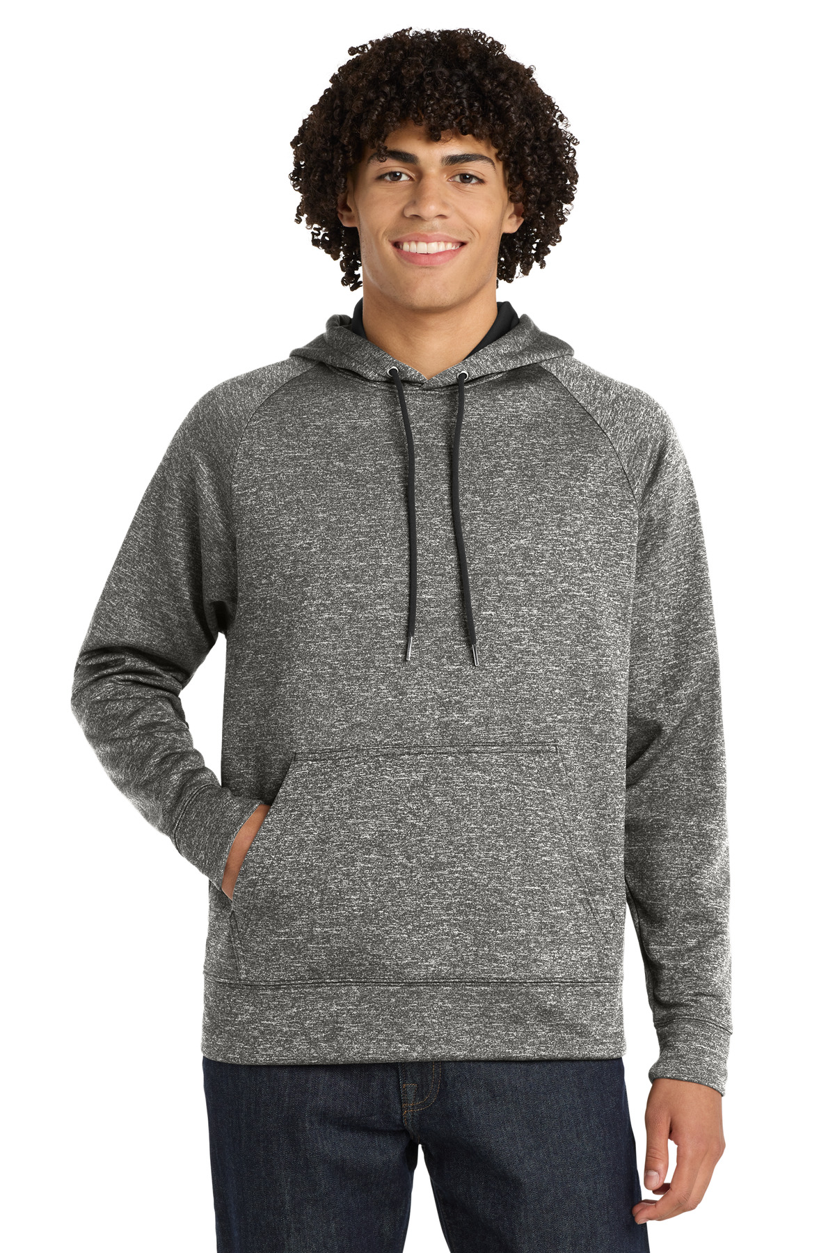 PosiCharge Electric Heather Fleece Hooded Pullover Black Electric front view for custom printing
