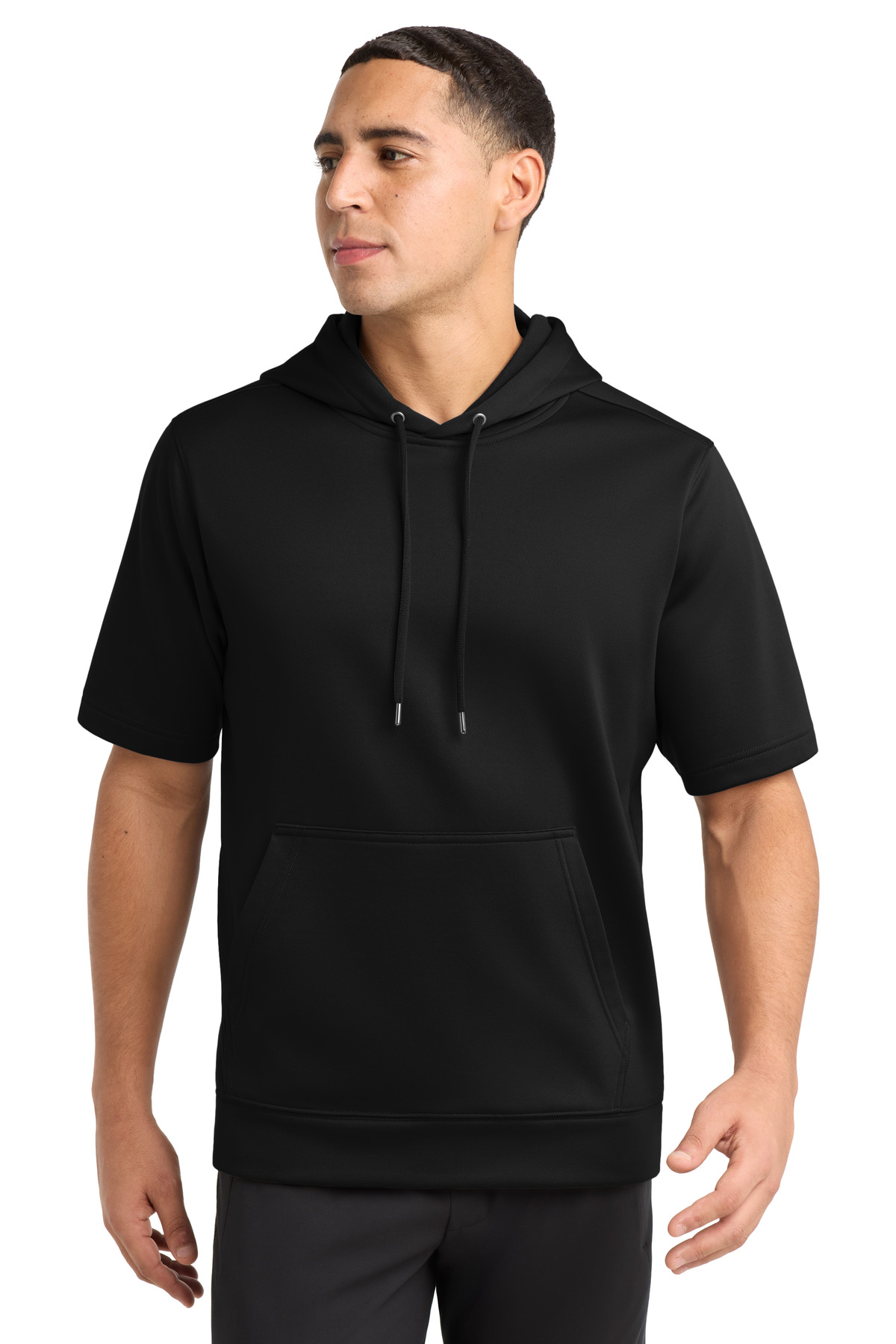 Sport-Wick Fleece Short Sleeve Hooded Pullover Black front view for custom printing