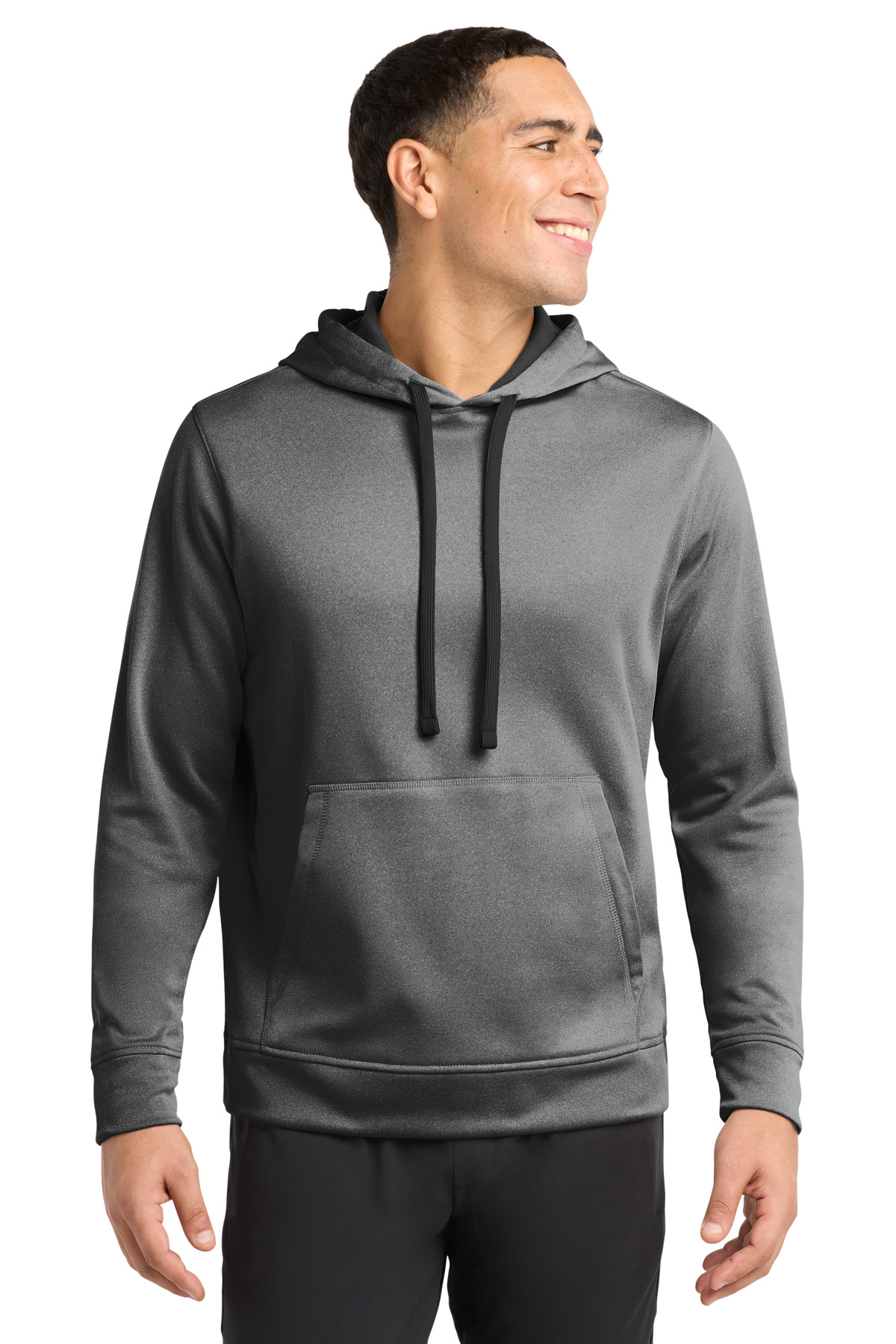 PosiCharge Sport-Wick Heather Fleece Hooded Pullover Black Heather front view for custom printing