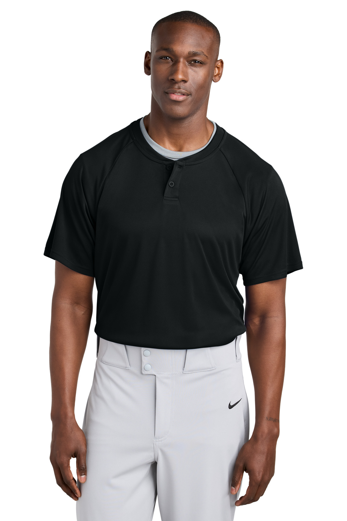 PosiCharge Competitor 2-Button Henley Black front view for custom printing