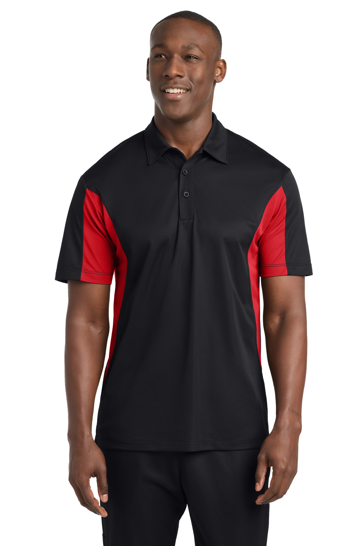 Side Blocked Micropique Sport-Wick Polo Black/ True Red front view for custom printing