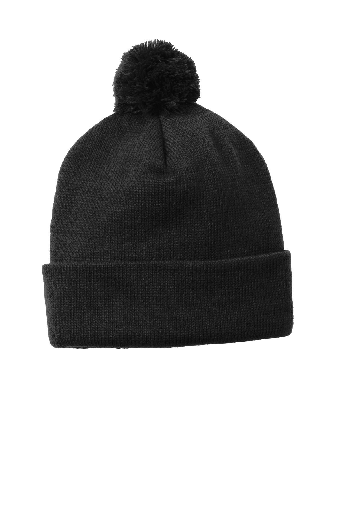 Solid Pom Pom Beanie Black front view for custom printing