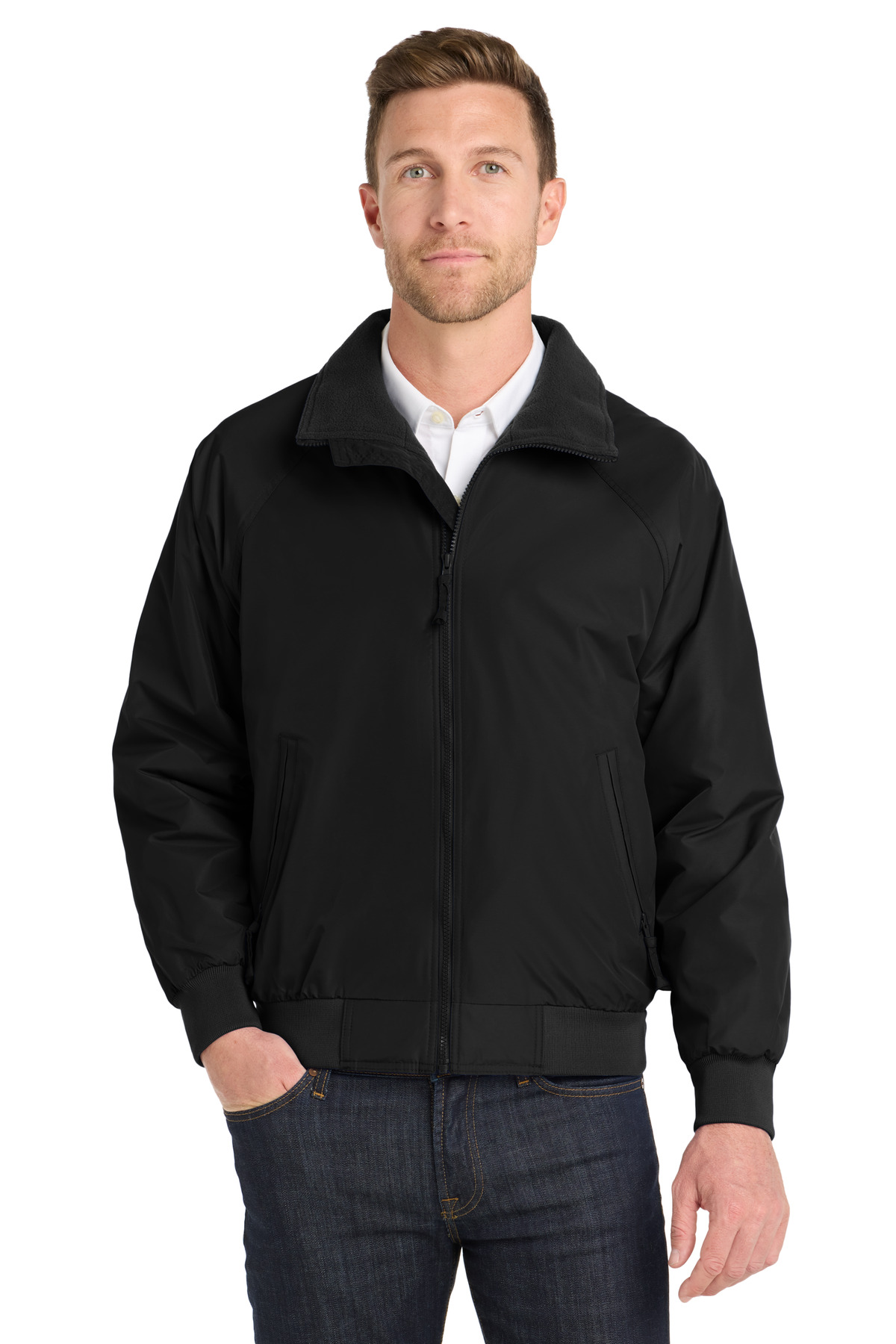 Tall Challenger Jacket True Black/ True Black front view for custom printing