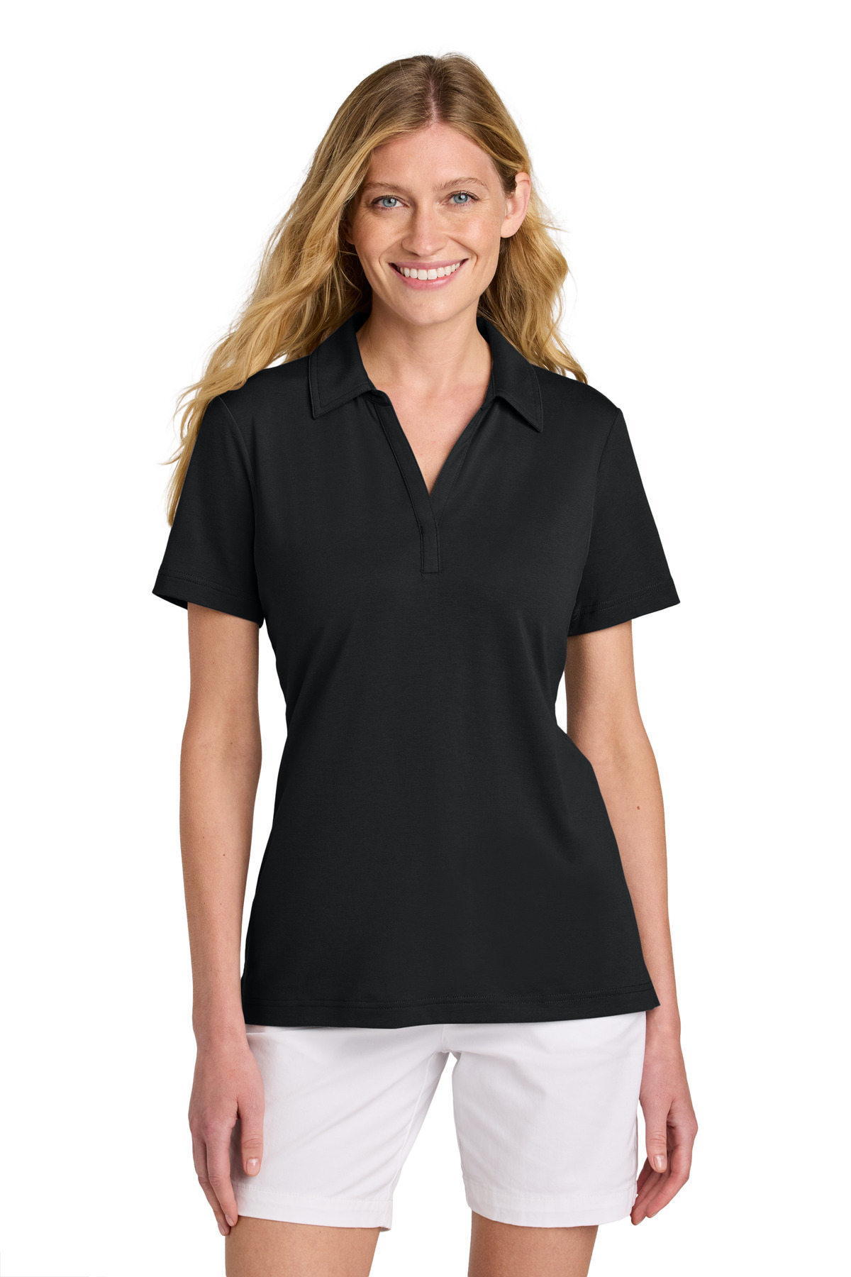 Women's Glenview Solid Polo Black front view for custom printing