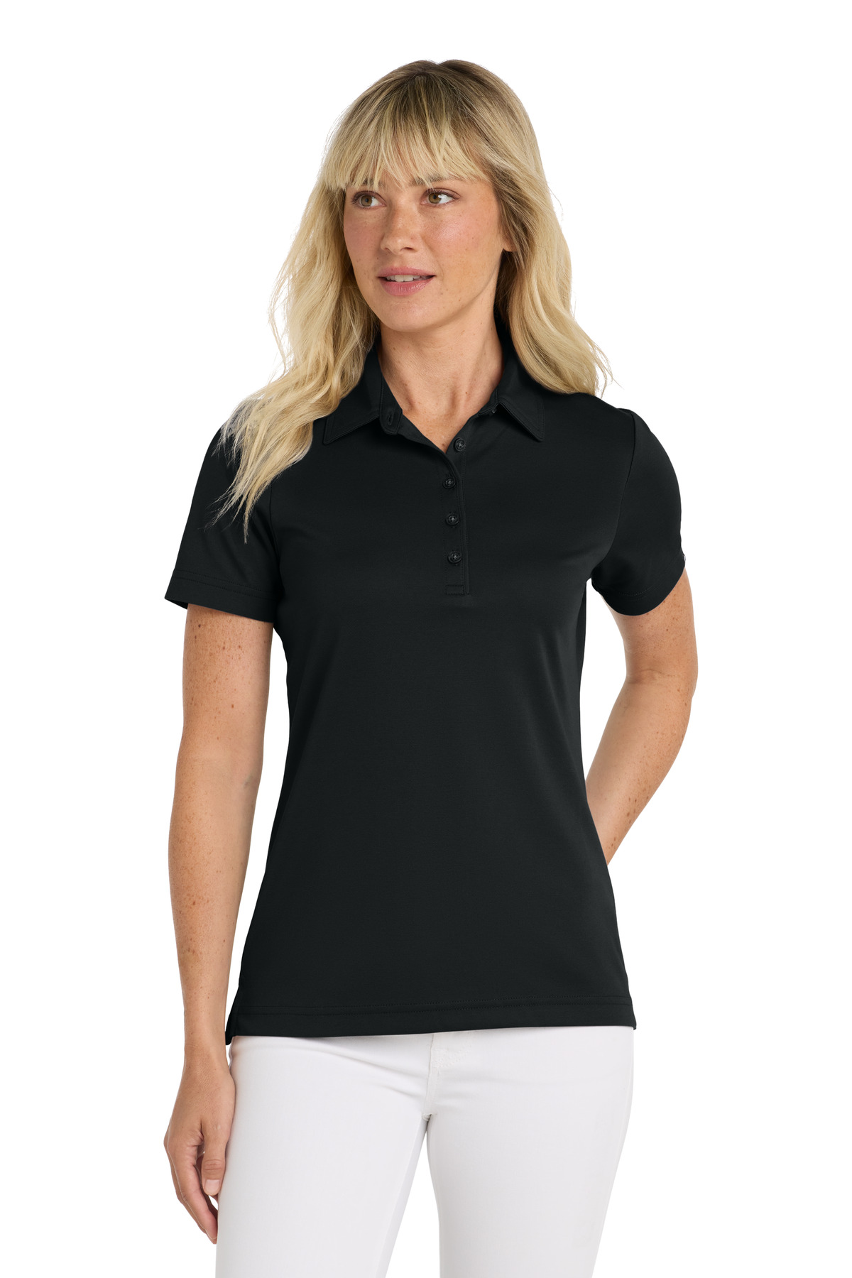 Women's Oceanside Solid Polo Black front view for custom printing