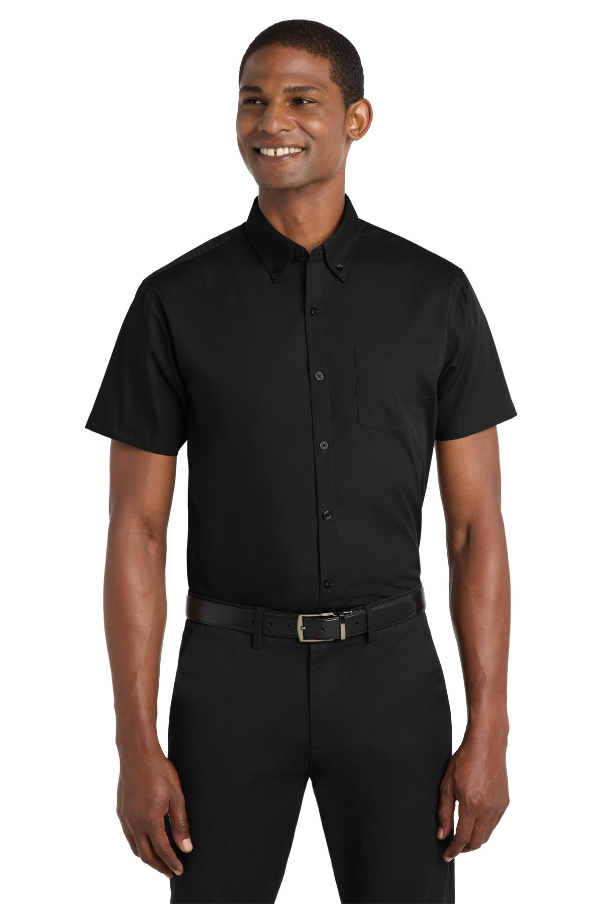 Short Sleeve Carefree Poplin Shirt Deep Black front view for custom printing