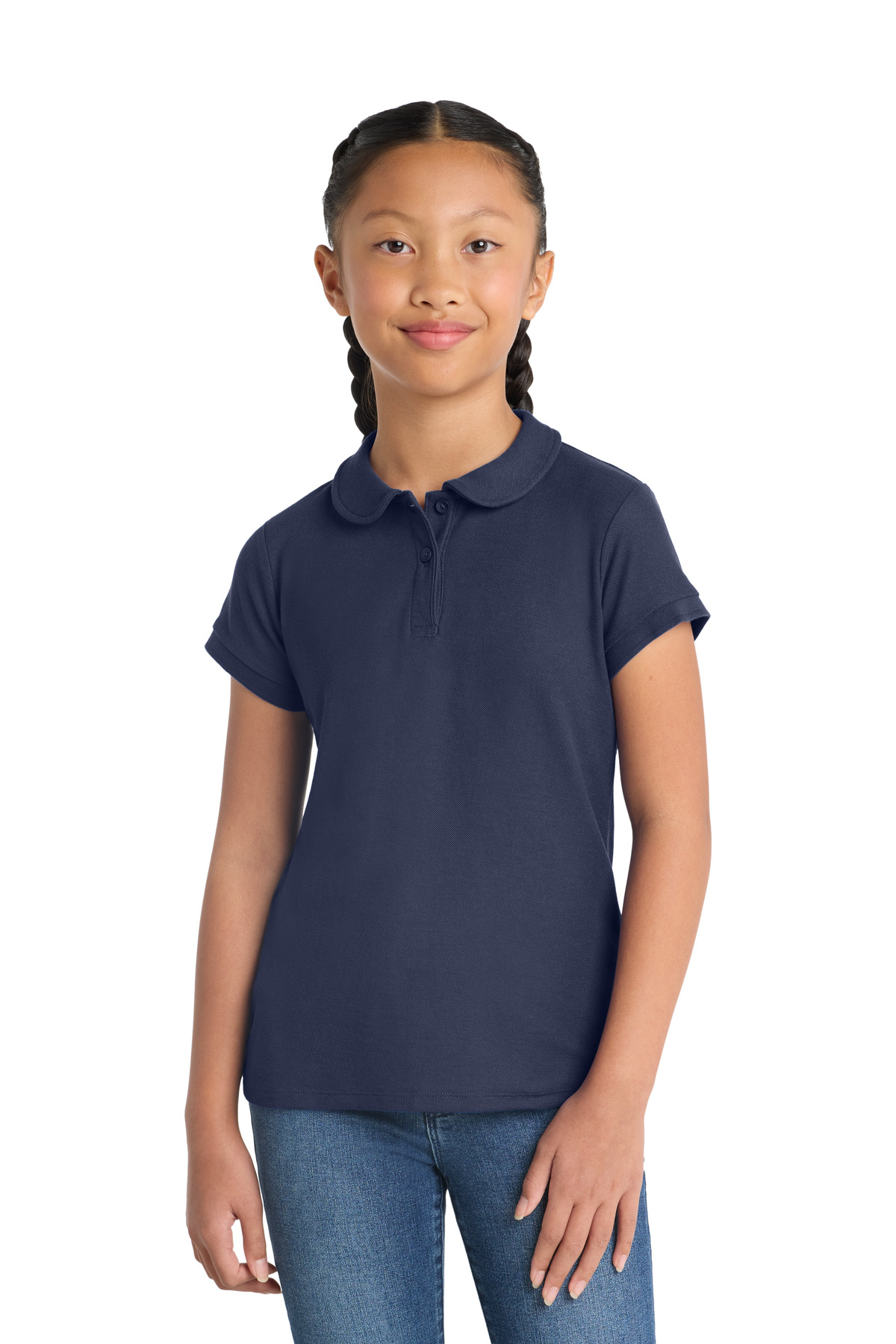 Girls Silk Touch Peter Pan Collar Polo Navy front view for custom printing