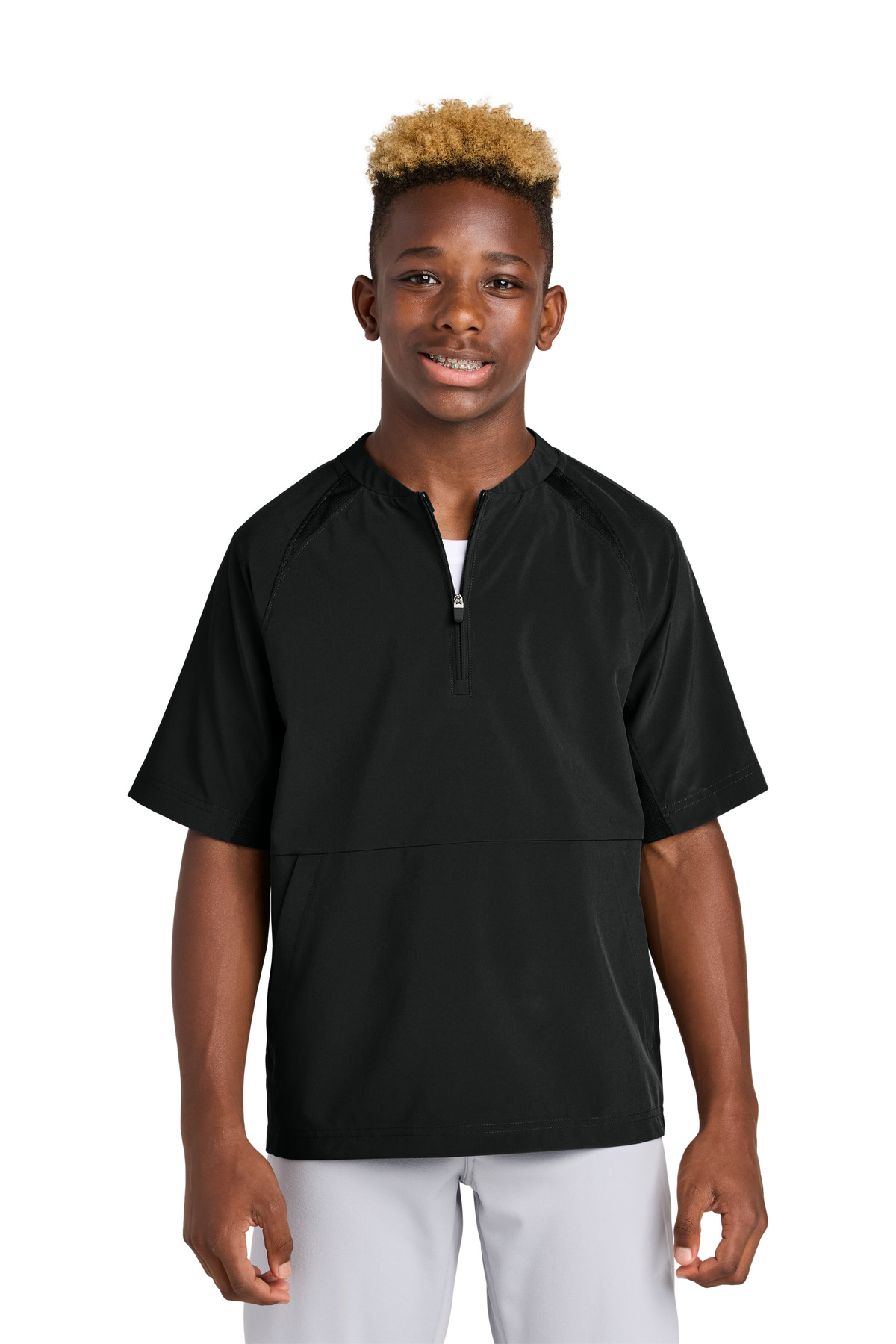 Youth Repeat 1/2-Zip Short Sleeve Jacket Black front view for custom printing