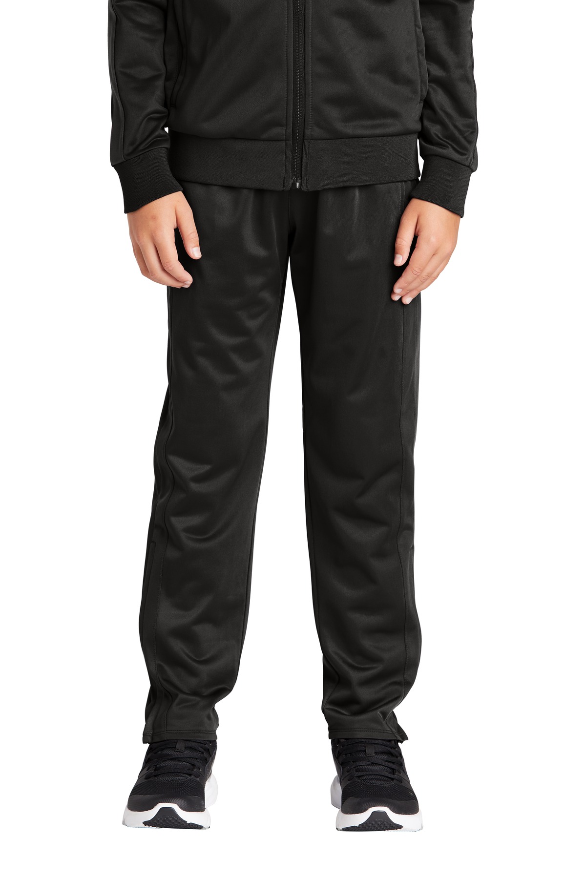 Youth Tricot Track Jogger Black front view for custom printing