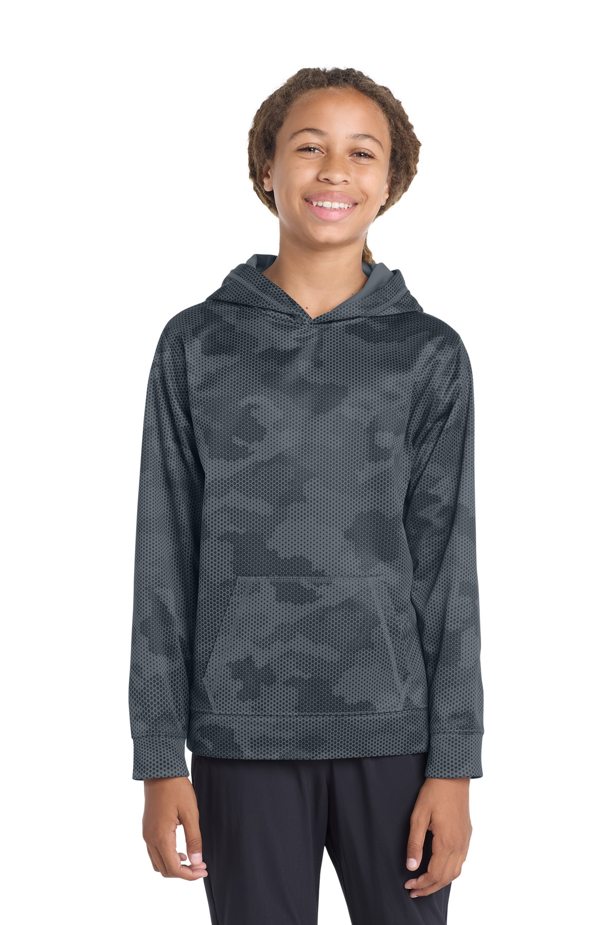 Youth Sport-Wick CamoHex Fleece Hooded Pullover Dark Smoke Grey front view for custom printing