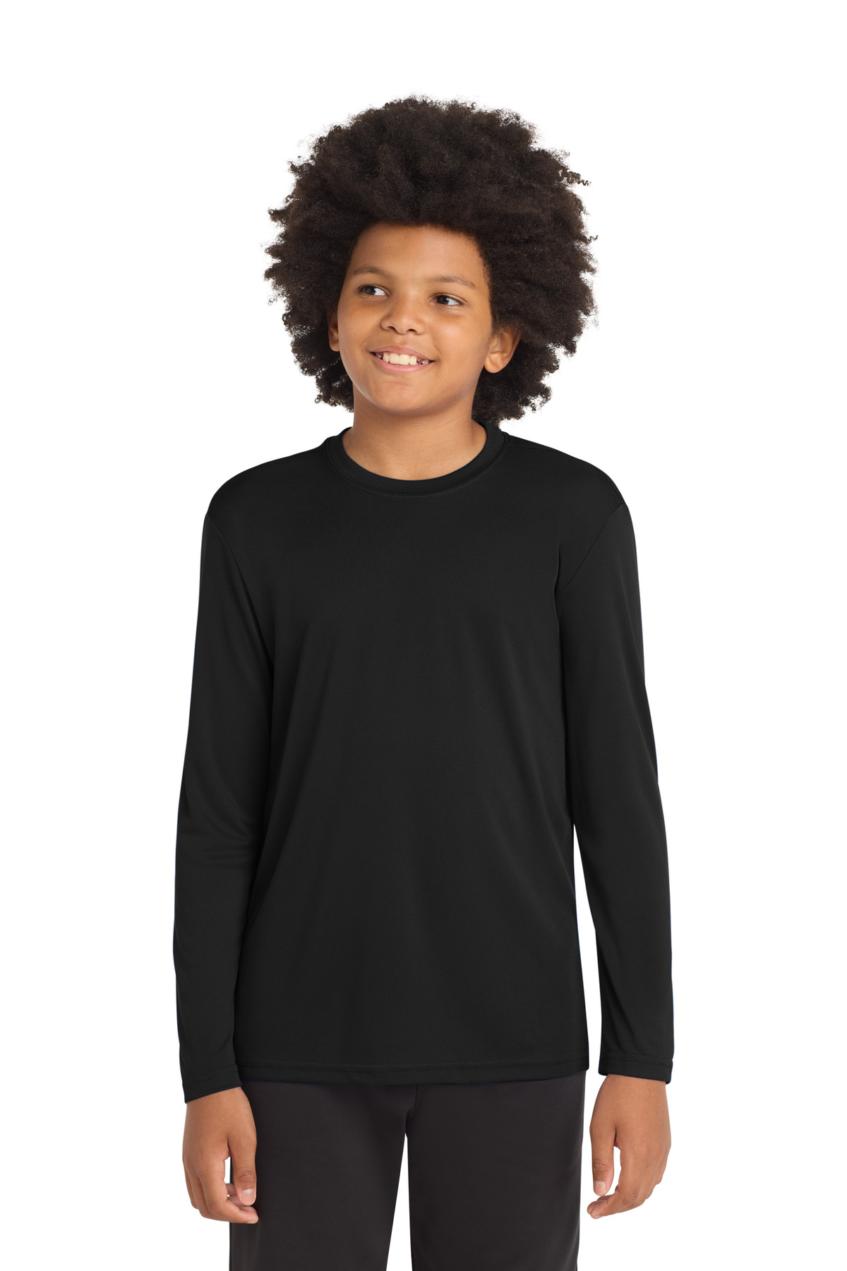 Youth Long Sleeve PosiCharge Competitor Tee Black front view for custom printing