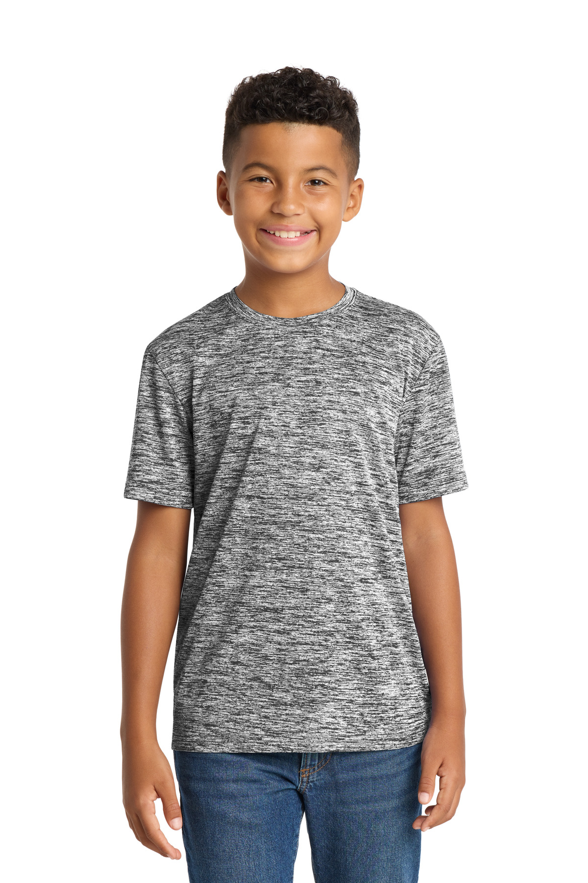Youth PosiCharge Electric Heather Tee Black Electric front view for custom printing