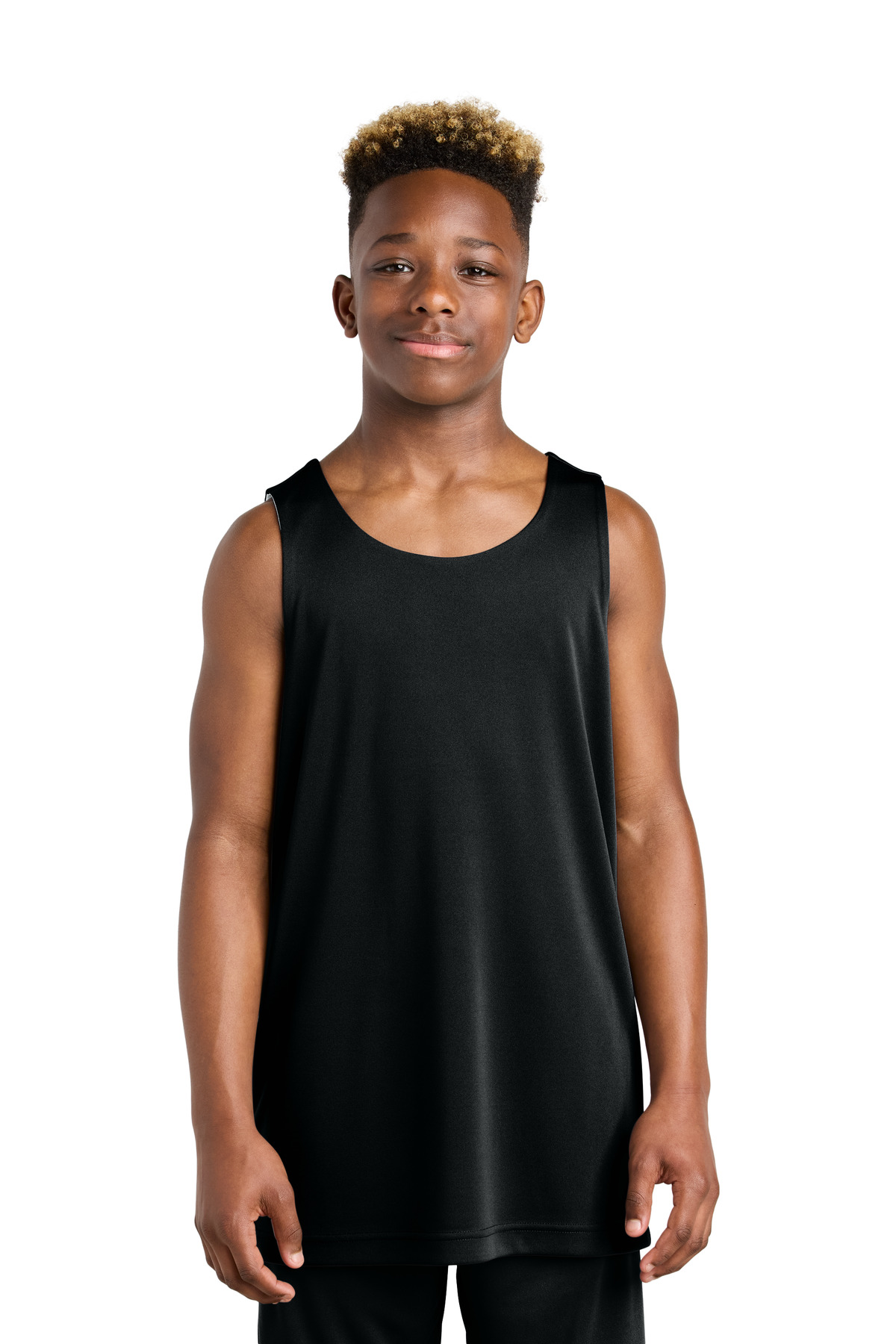 Youth PosiCharge Competitor Rev Tank Black/ White front view for custom printing