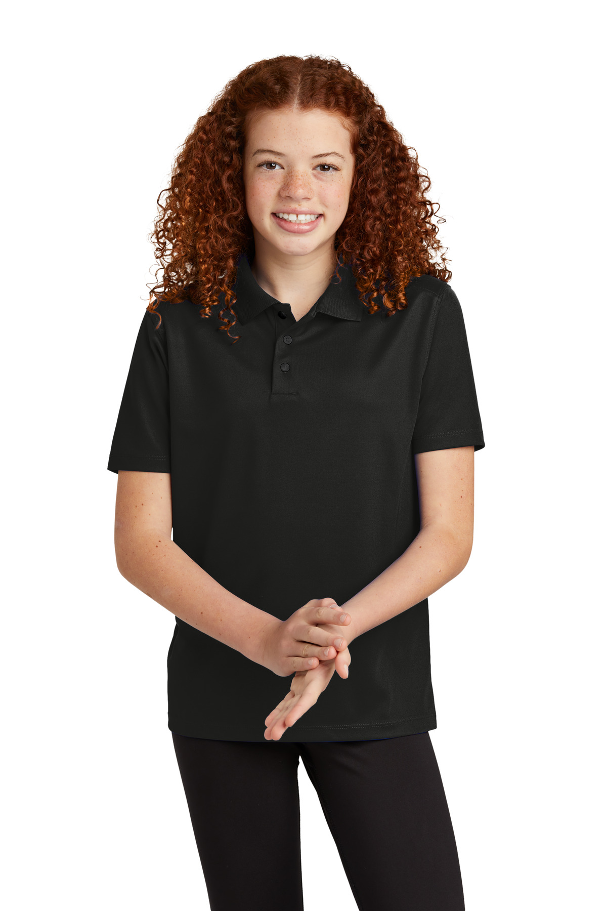 Youth UV Micropique Polo Black front view for custom printing
