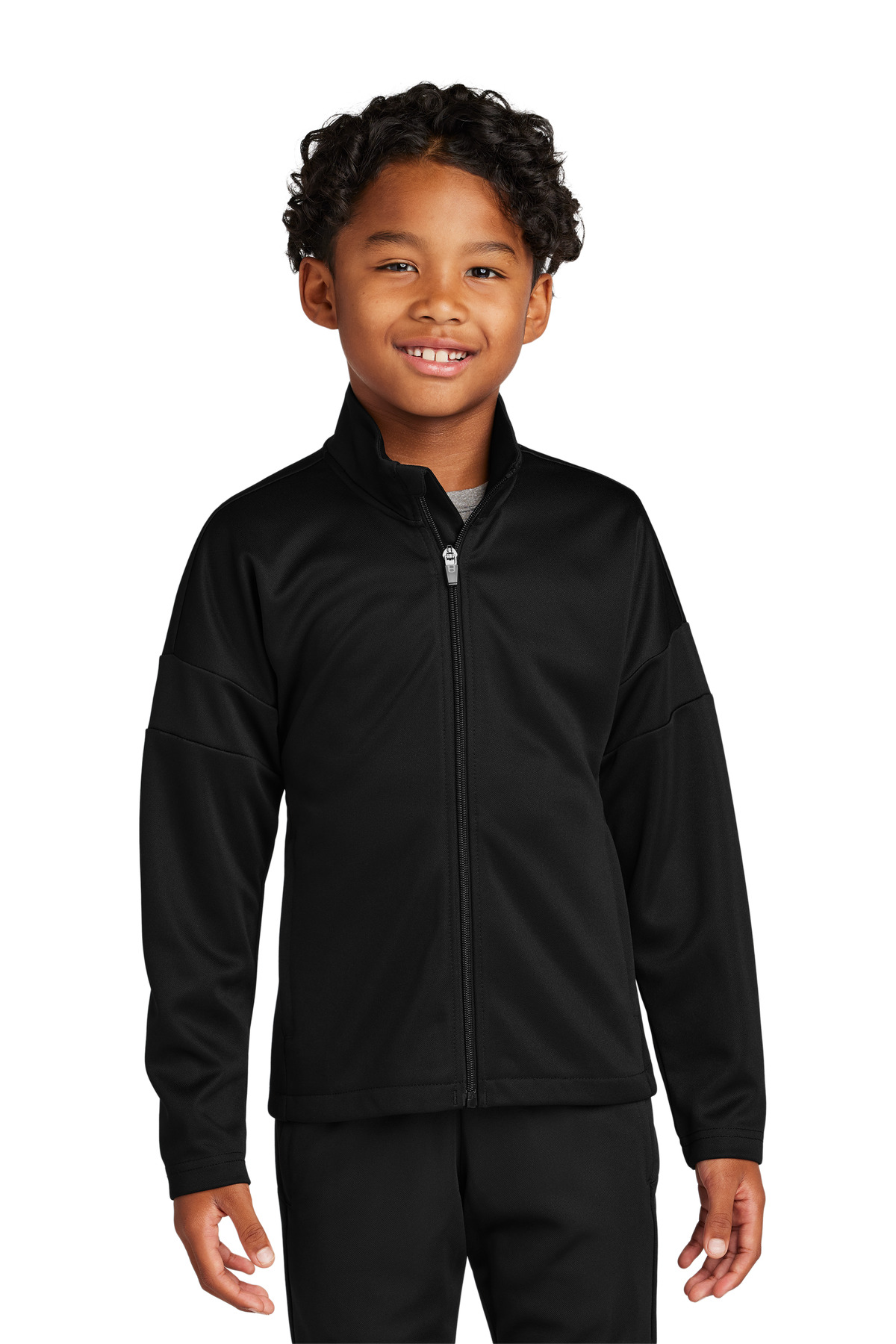 Youth Travel Full-Zip Jacket Black/ Black front view for custom printing