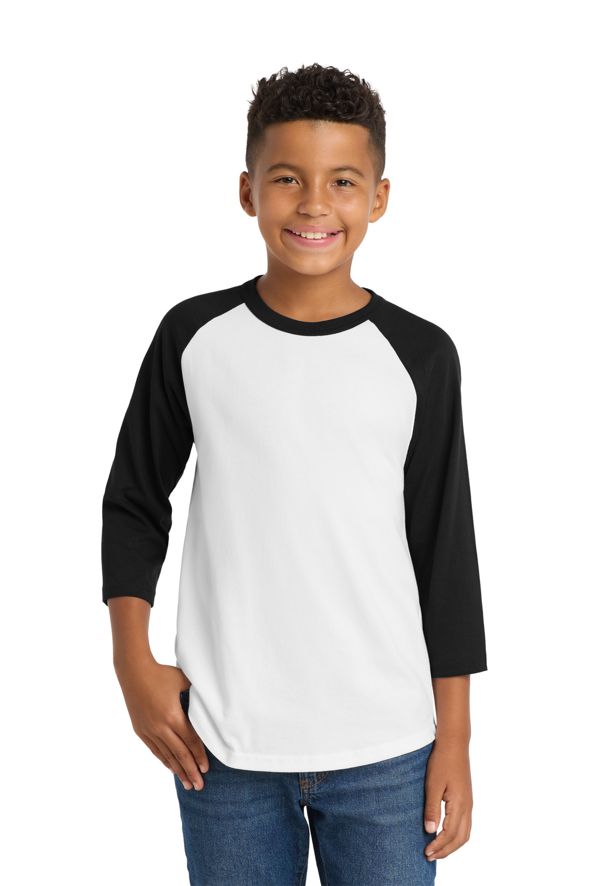 Youth Colorblock Raglan Jersey White/ Black front view for custom printing